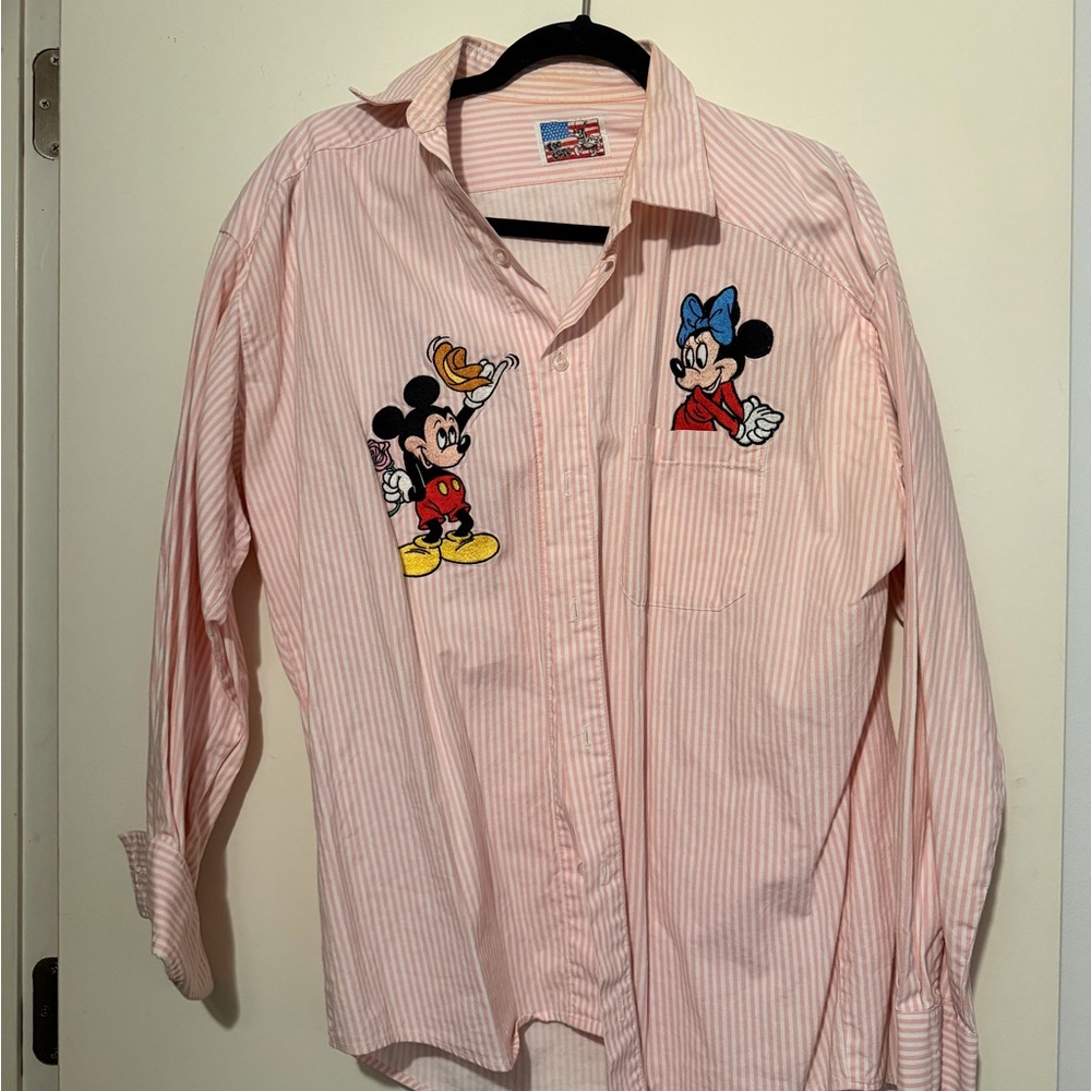 Disney Pink Striped Kids Button Down Shirt with Mickey and Minnie
